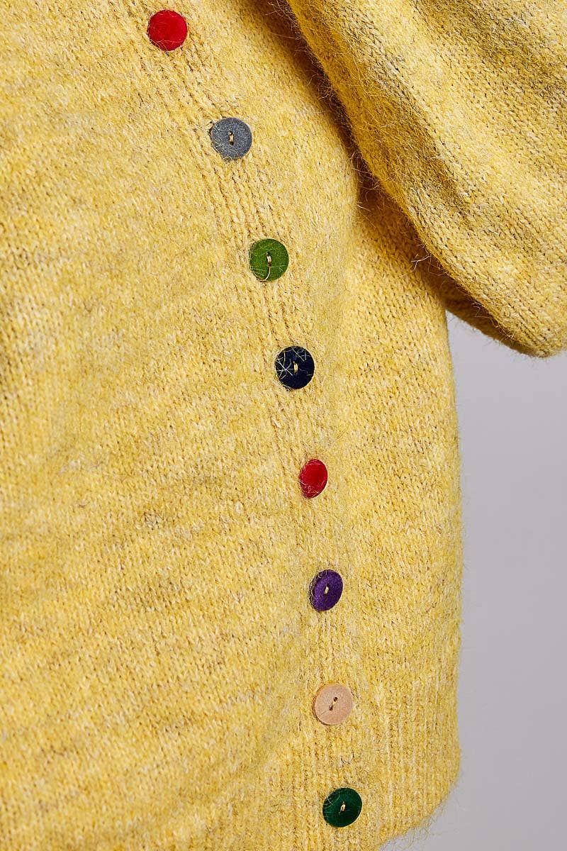 POL High‑Neck Button Sweater – Mustard Boho Knit with Color Pop Buttons | Boho Boutique Clothing