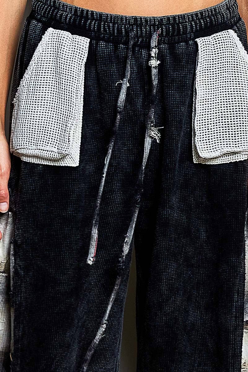 POL Patchwork Tie‑Dye Wide‑Leg Pants – Black Boho Drawstring Bottoms | Boho Boutique Clothing