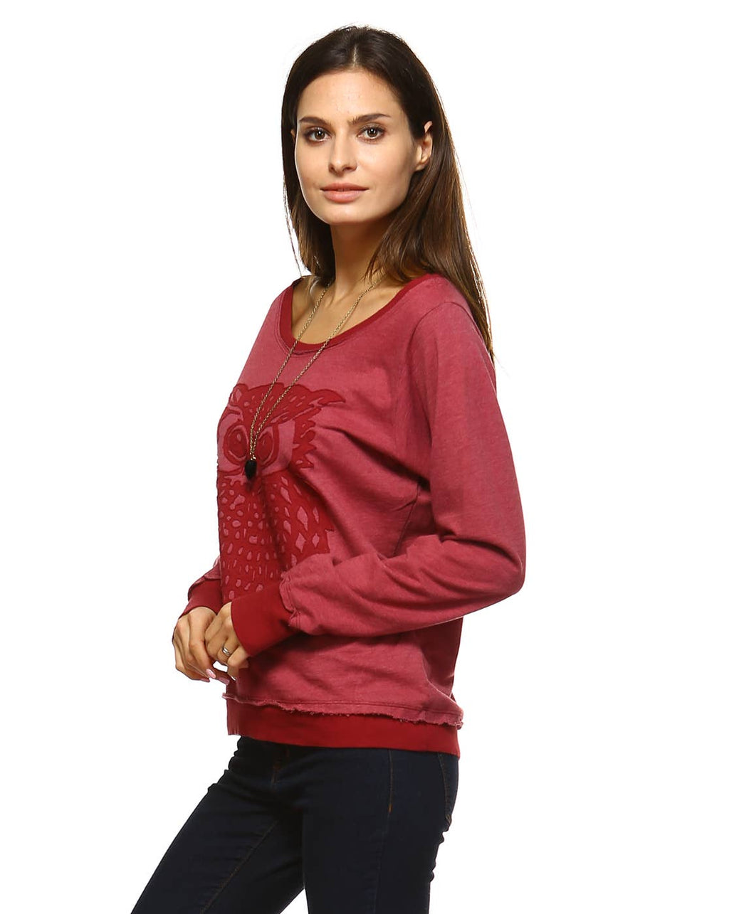 Boat neck Long sleeve French terry pull over sweater w/Owl