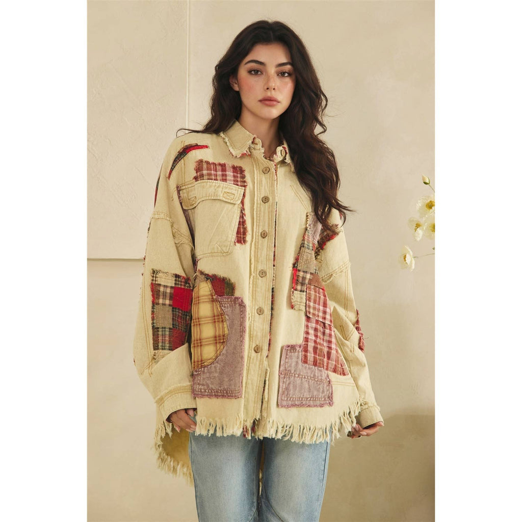 Oli & Hali Patchwork Button‑Up Shacket – Beige Rustic Boho Jacket | Boho Boutique Clothing
