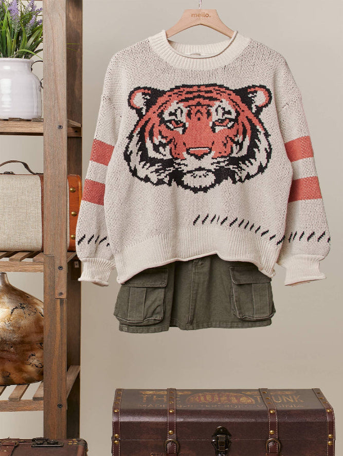 Mello Tiger Embroidery Round Neck Sweater-Boho Boutique Sweater