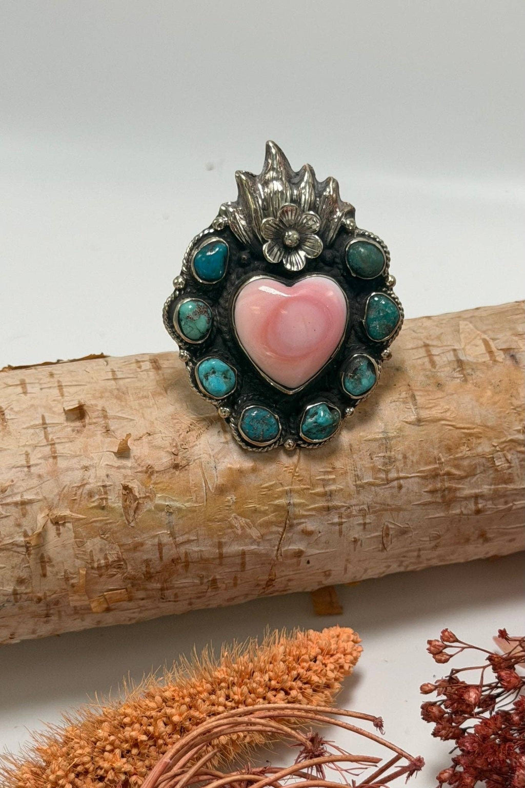 Boho Wanderlust Boutique - Flaming Heart in Pink Shell & Turquoise Ring