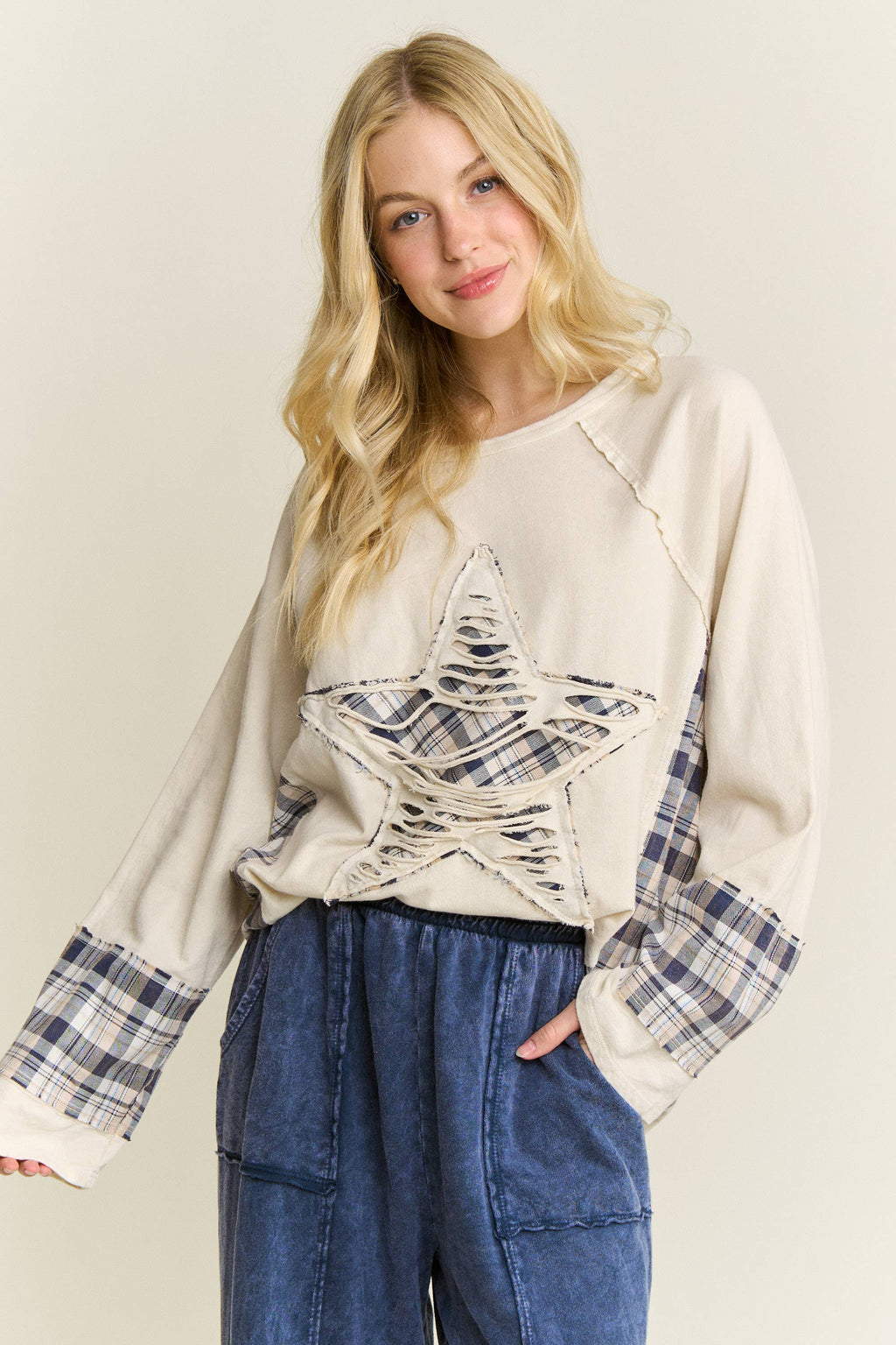JHER Mineral‑Washed Distressed Star Patch Plaid Top