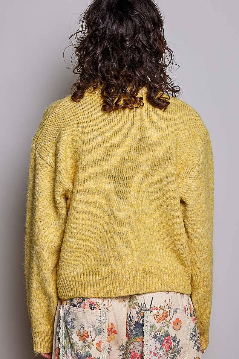 POL High‑Neck Button Sweater – Mustard Boho Knit with Color Pop Buttons | Boho Boutique Clothing