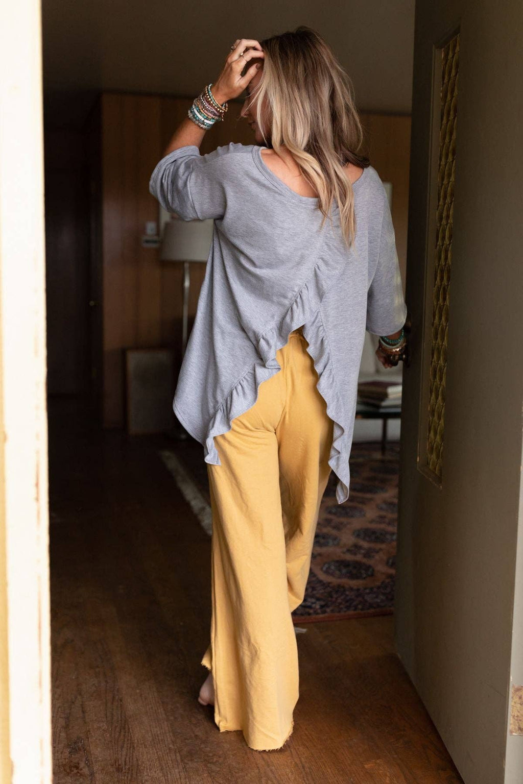 Three Bird Nest Scalloped Hem Open‑Back Top – Light Gray Boho Blouse | Boho Boutique Clothing