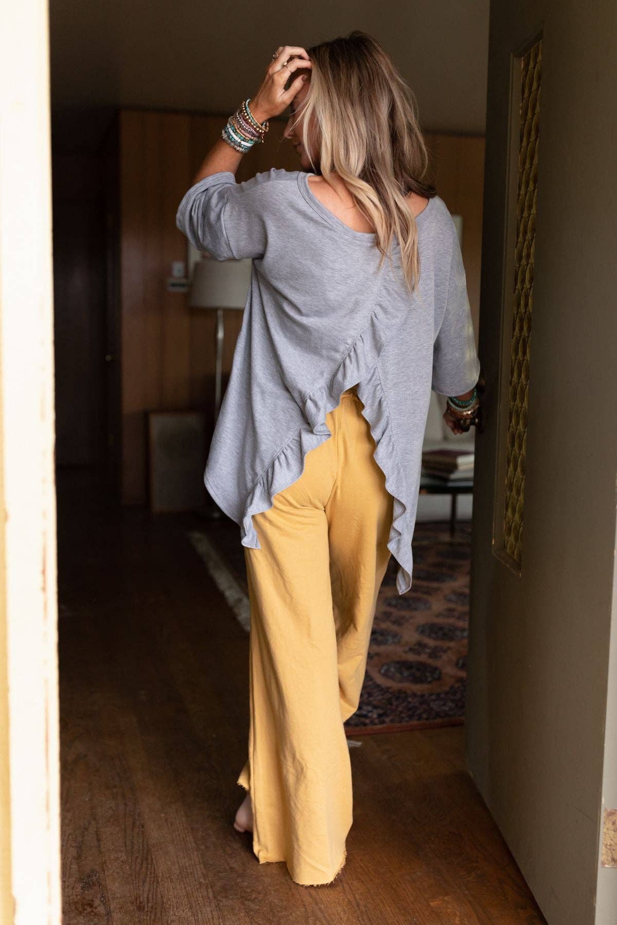 Three Bird Nest Scalloped Hem Open‑Back Top – Light Gray Boho Blouse | Boho Boutique Clothing