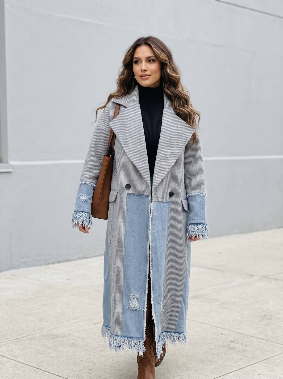 Athina Collection Denim‑Trim Coat – Gray Boho Longline Frayed Jacket | Boho Boutique Clothing