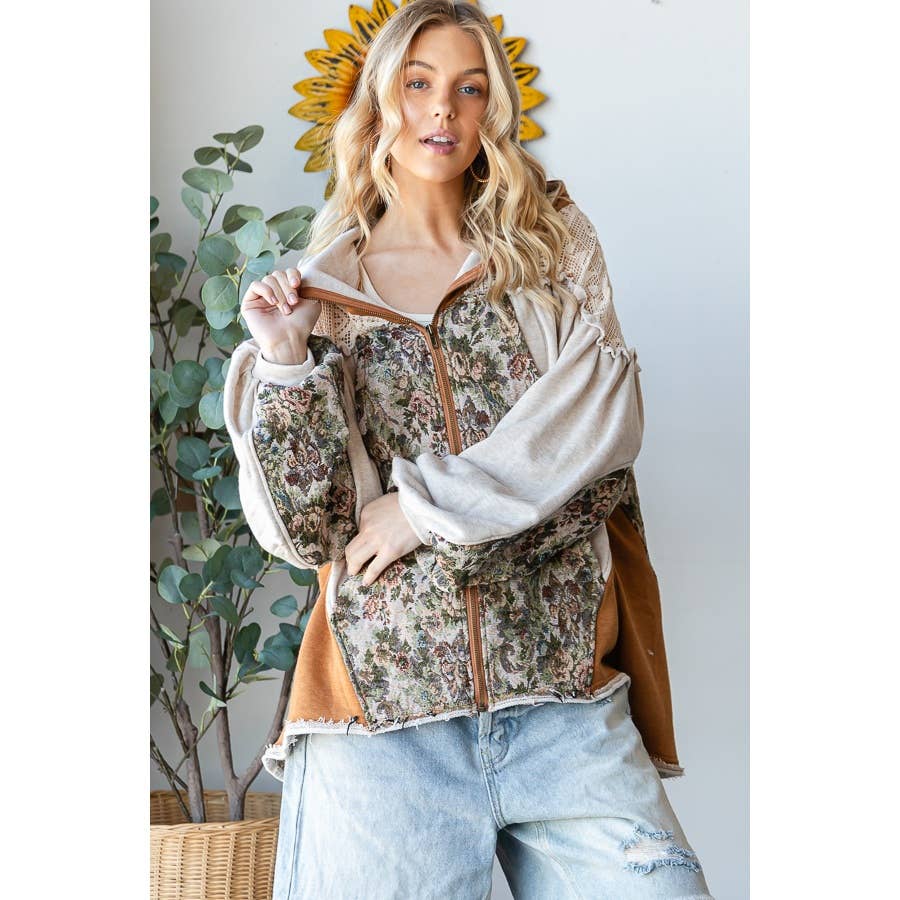 Oli & Hali Floral Patchwork Hooded Jacket – Beige Boho Button‑Up Shacket | Boho Boutique Clothing