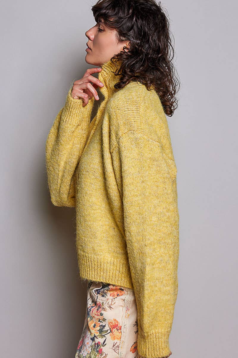 POL High‑Neck Button Sweater – Mustard Boho Knit with Color Pop Buttons | Boho Boutique Clothing