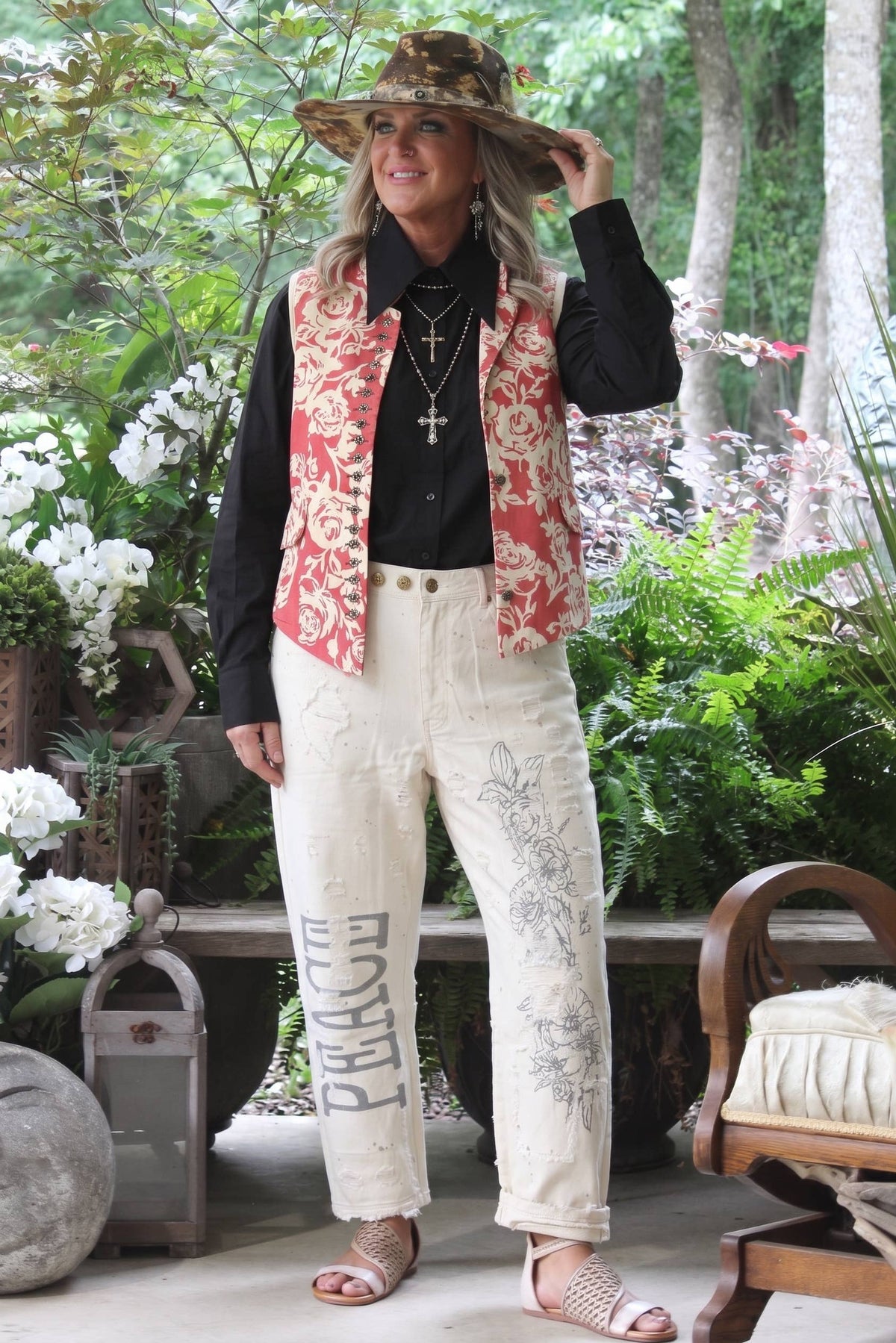 Peace and Love Jeans - Parchment Peace - Cotton Barrel Pants – Cream Graphic Print Boho Lounge Pants | Boho Boutique Clothing
