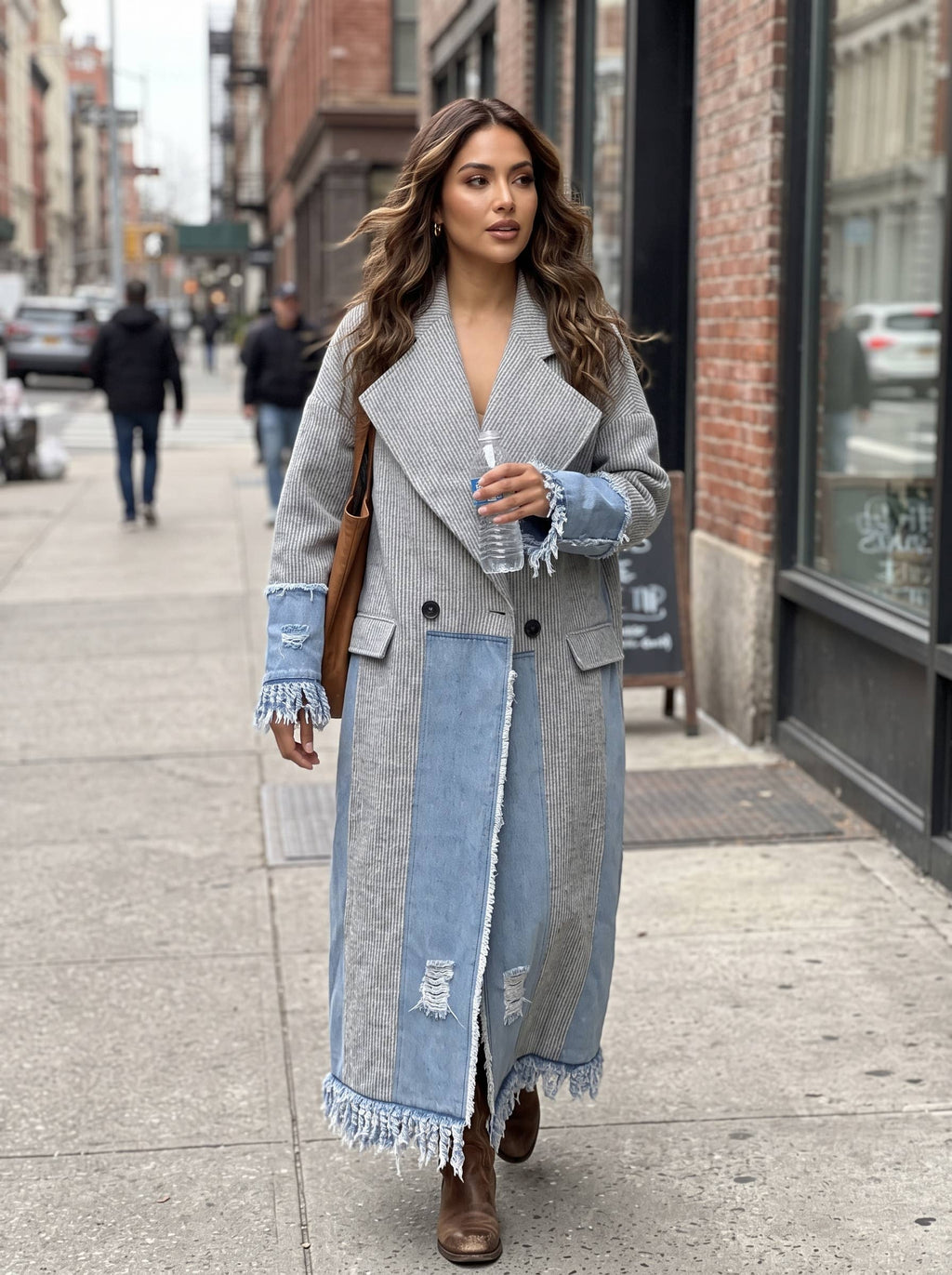 Athina Collection Denim‑Trim Coat – Gray Boho Longline Frayed Jacket | Boho Boutique Clothing