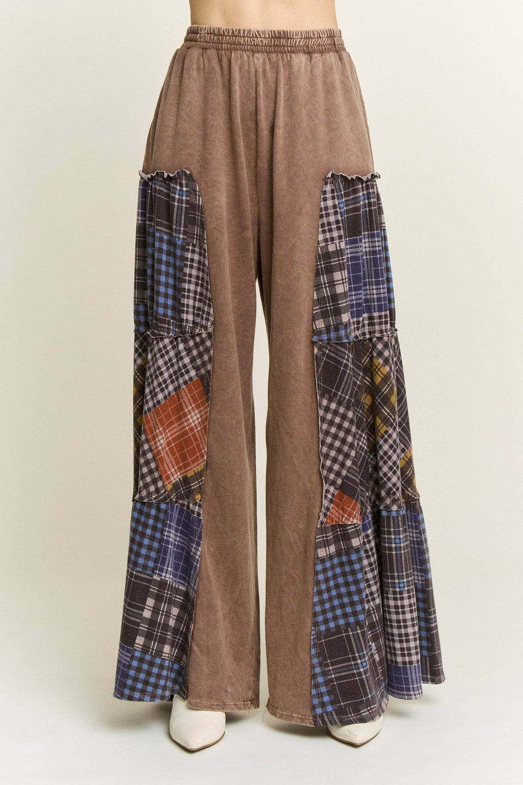 JHER Mineral‑Washed Tiered Plaid Wide Flare Pants