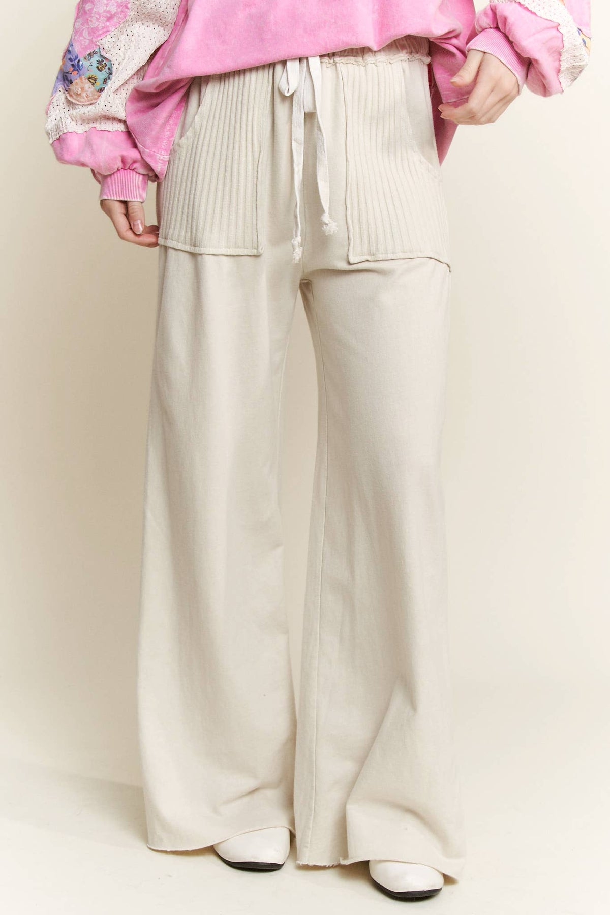 JHER Mineral‑Washed Side Knit Detail Wide‑Leg Pants
