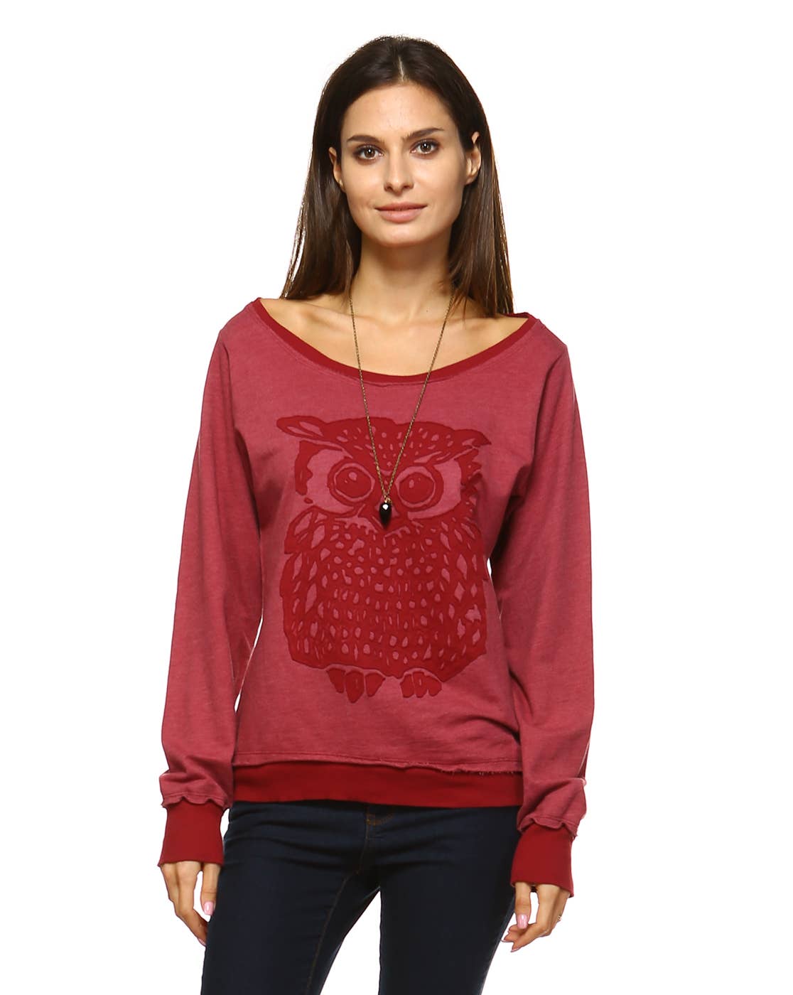 Boat neck Long sleeve French terry pull over sweater w/Owl