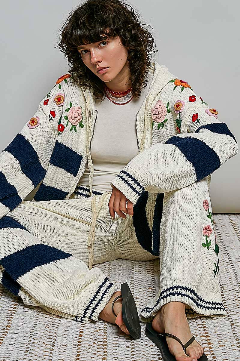 Pol Clothing - Striped Pattern 3D Embroidered Chenille Sweater Pants