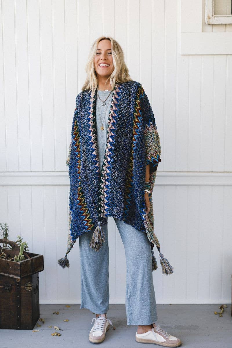 Desert Dreams Crochet Ruana - Cobalt-Boho Boutique Wrap