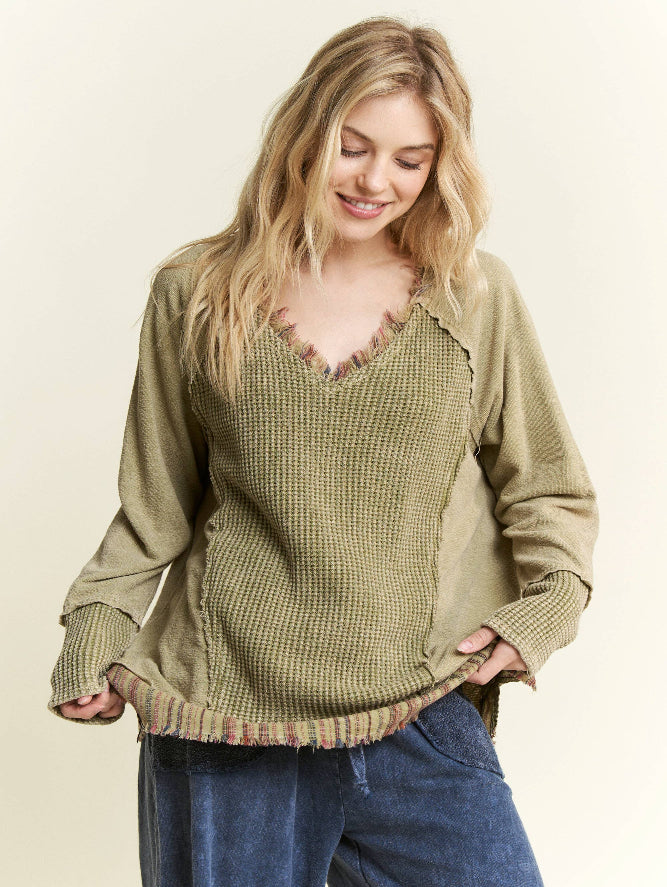 JHER Mineral‑Washed V‑Neck Sweater – Olive Textured Boho Distressed Top | Boho Boutique Clothing