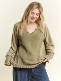 JHER Mineral‑Washed V‑Neck Sweater – Olive Textured Boho Distressed Top | Boho Boutique Clothing