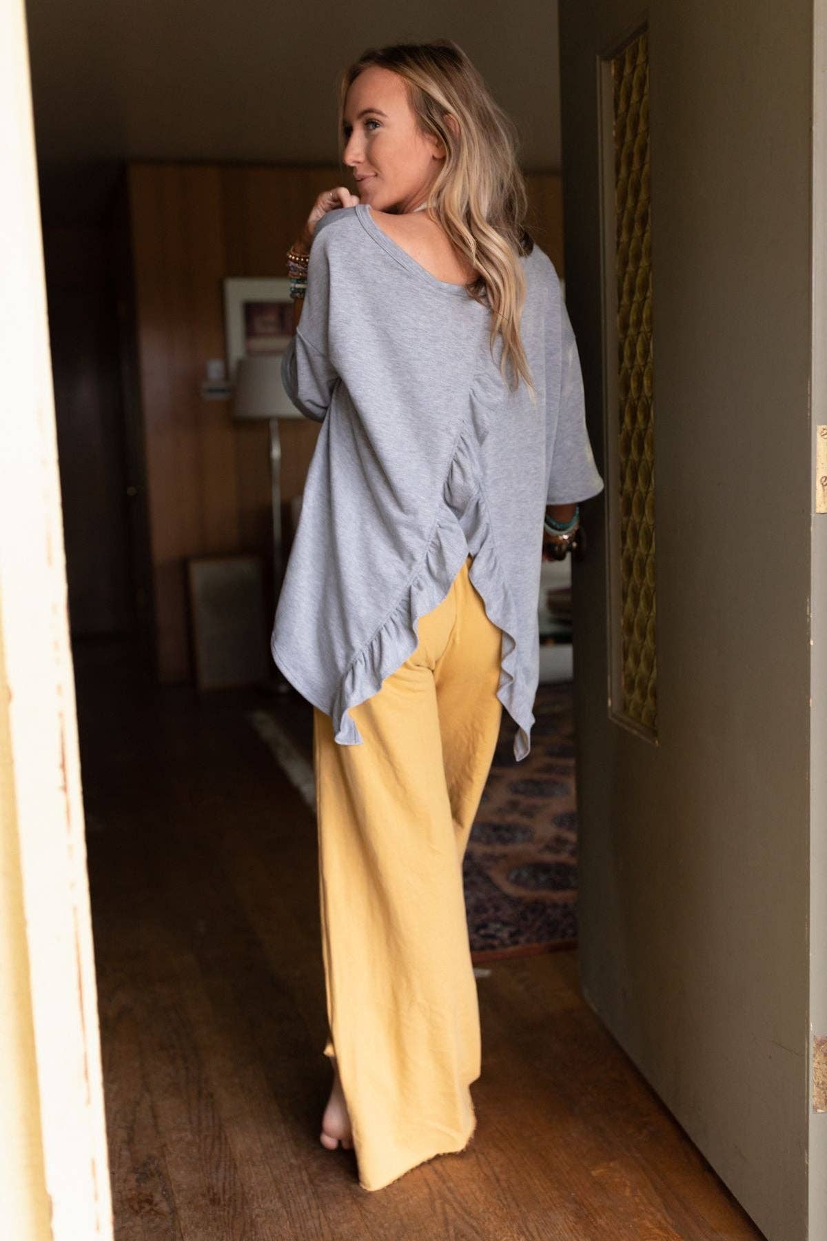 Three Bird Nest Scalloped Hem Open‑Back Top – Light Gray Boho Blouse | Boho Boutique Clothing