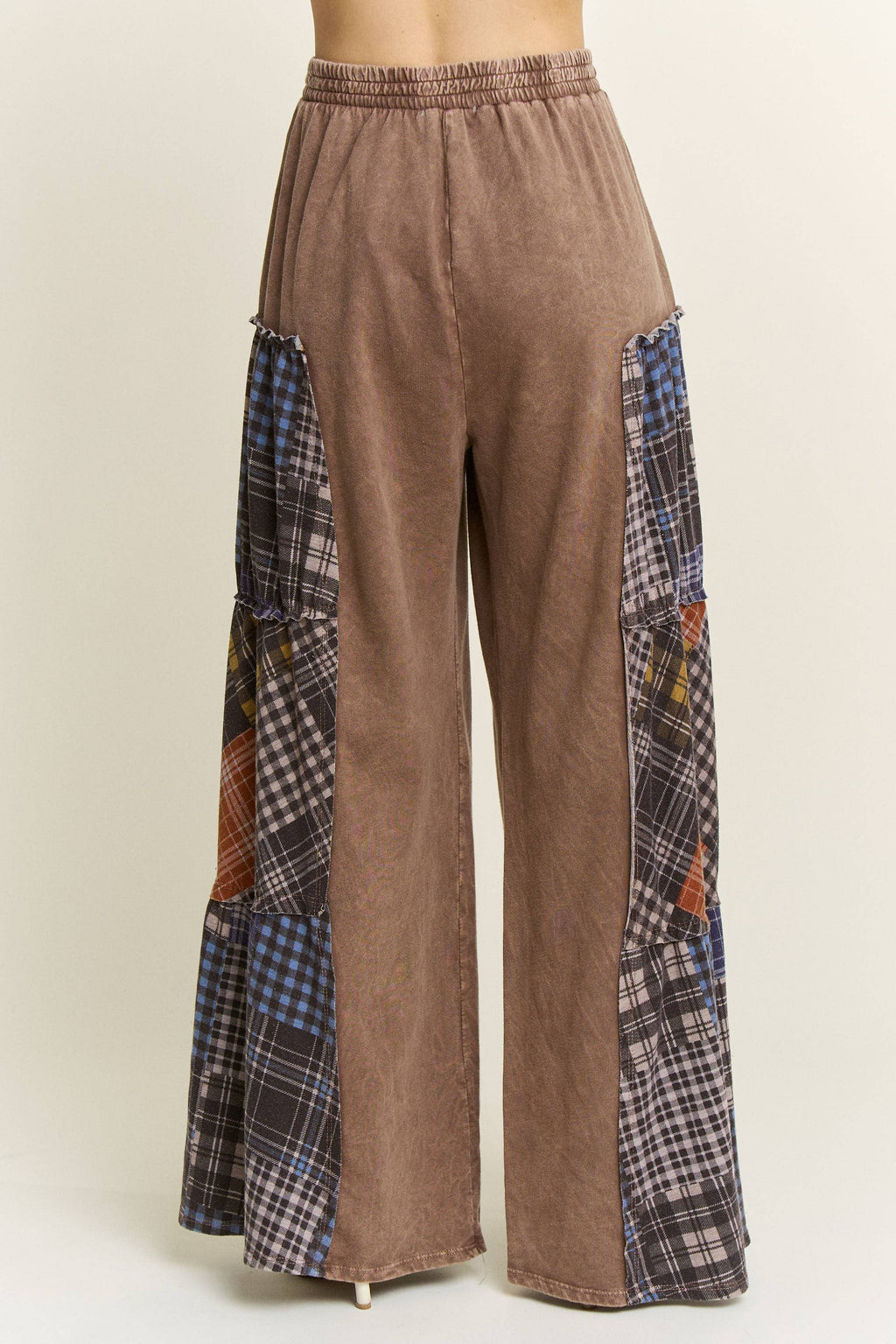 JHER Mineral‑Washed Tiered Plaid Wide Flare Pants