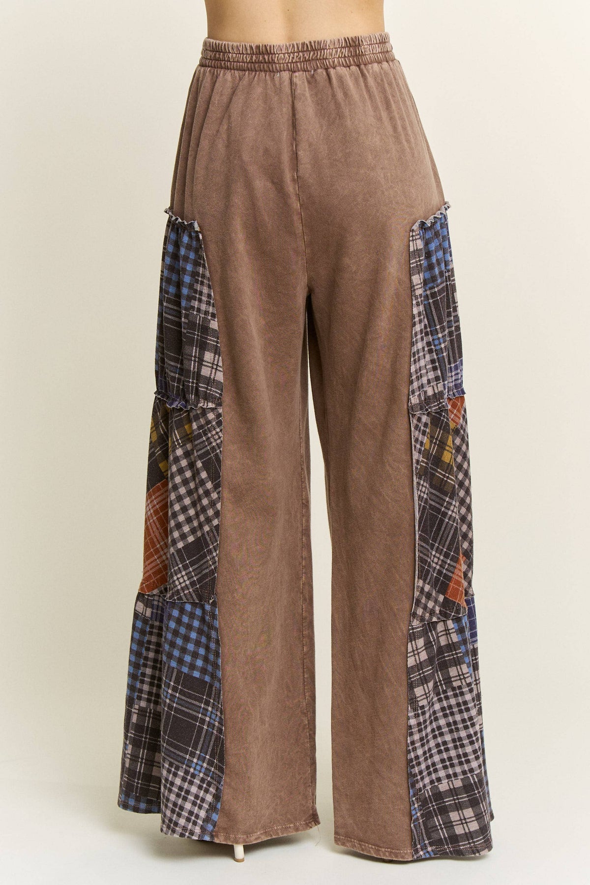 JHER Mineral‑Washed Tiered Plaid Wide Flare Pants