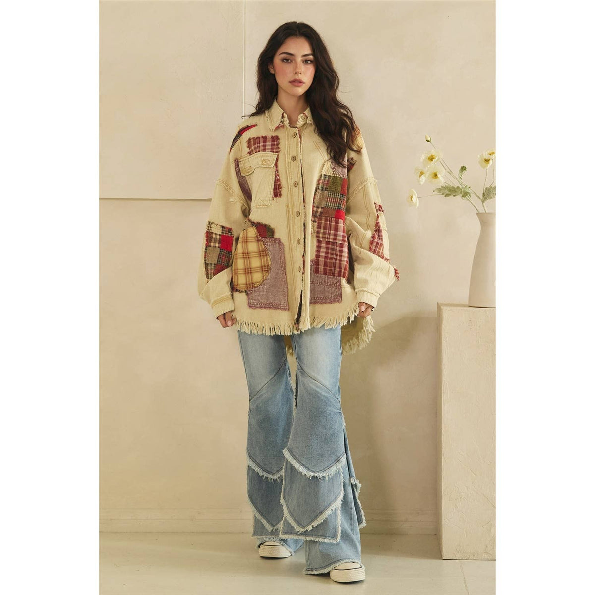 Oli & Hali Patchwork Button‑Up Shacket – Beige Rustic Boho Jacket | Boho Boutique Clothing
