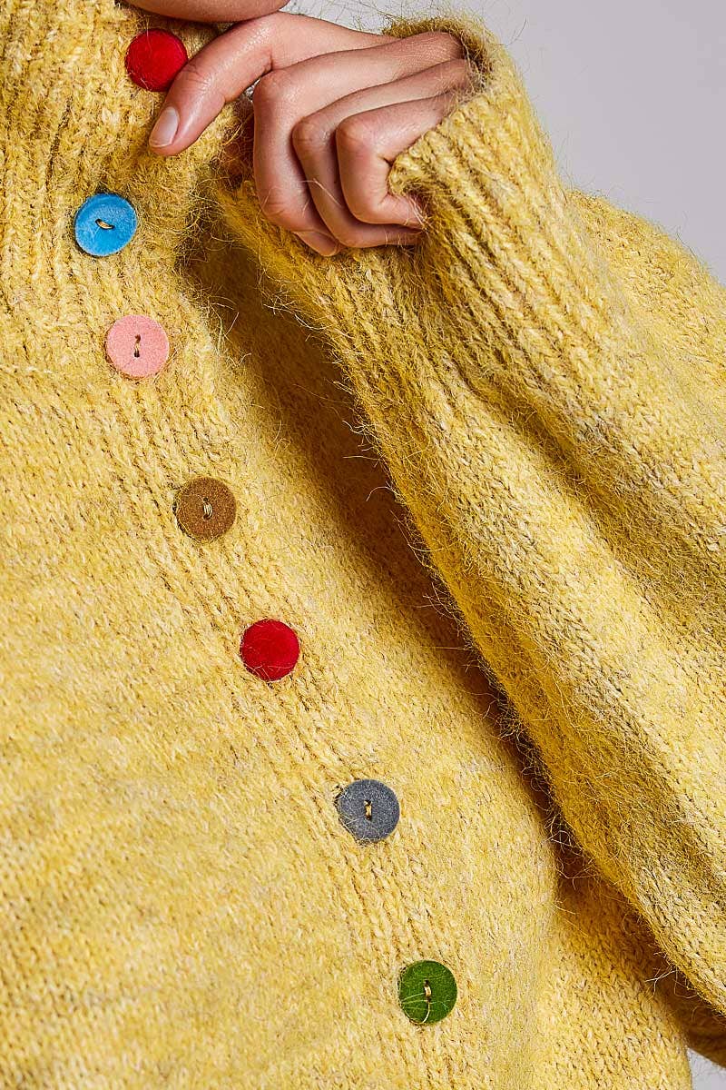 POL High‑Neck Button Sweater – Mustard Boho Knit with Color Pop Buttons | Boho Boutique Clothing