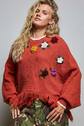 POL 3D Floral Applique Fringe Knit Poncho Sweater – Oversized Boho Knit Layer | Boho Boutique Clothing