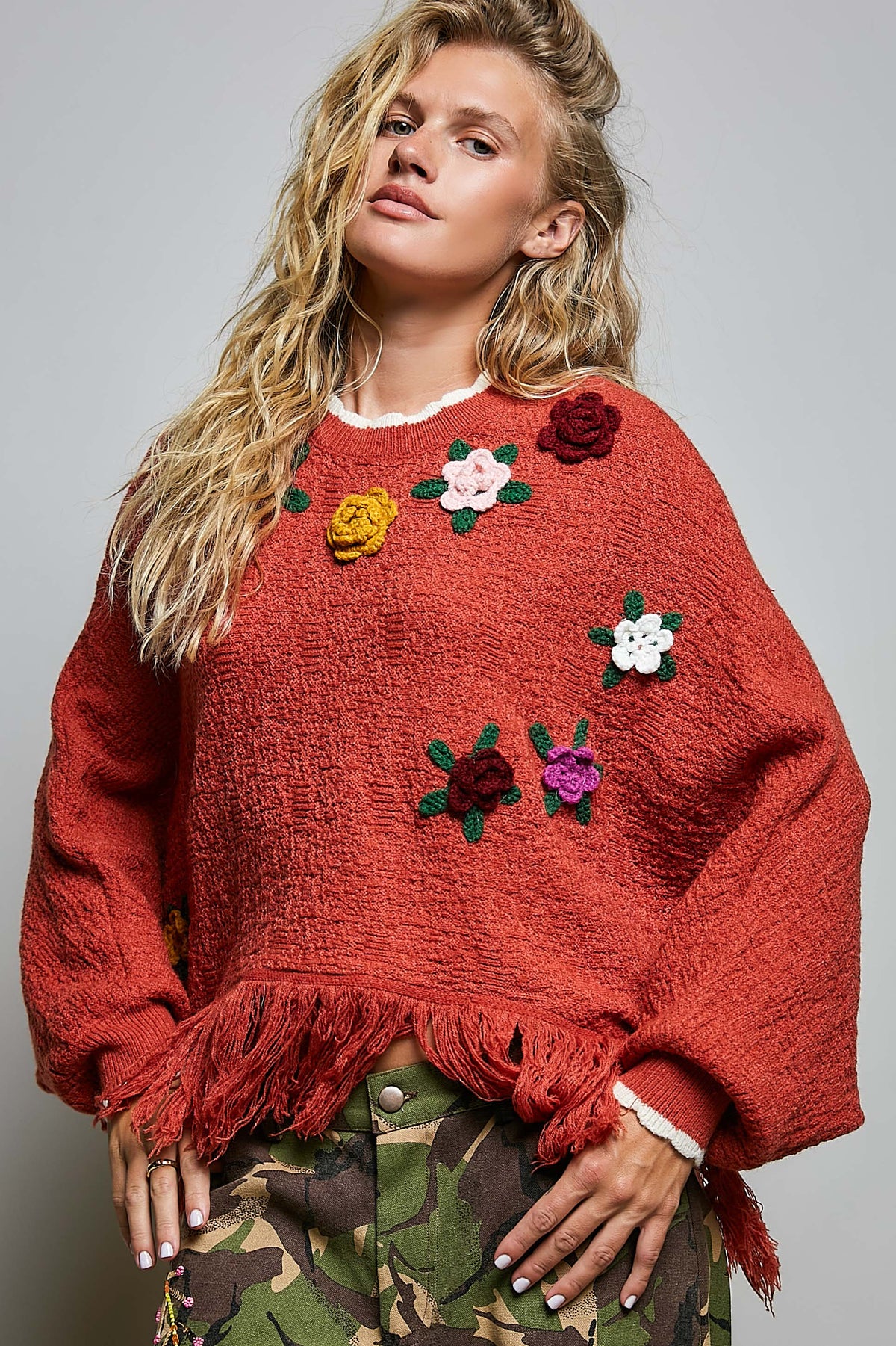 POL 3D Floral Applique Fringe Knit Poncho Sweater – Oversized Boho Knit Layer | Boho Boutique Clothing