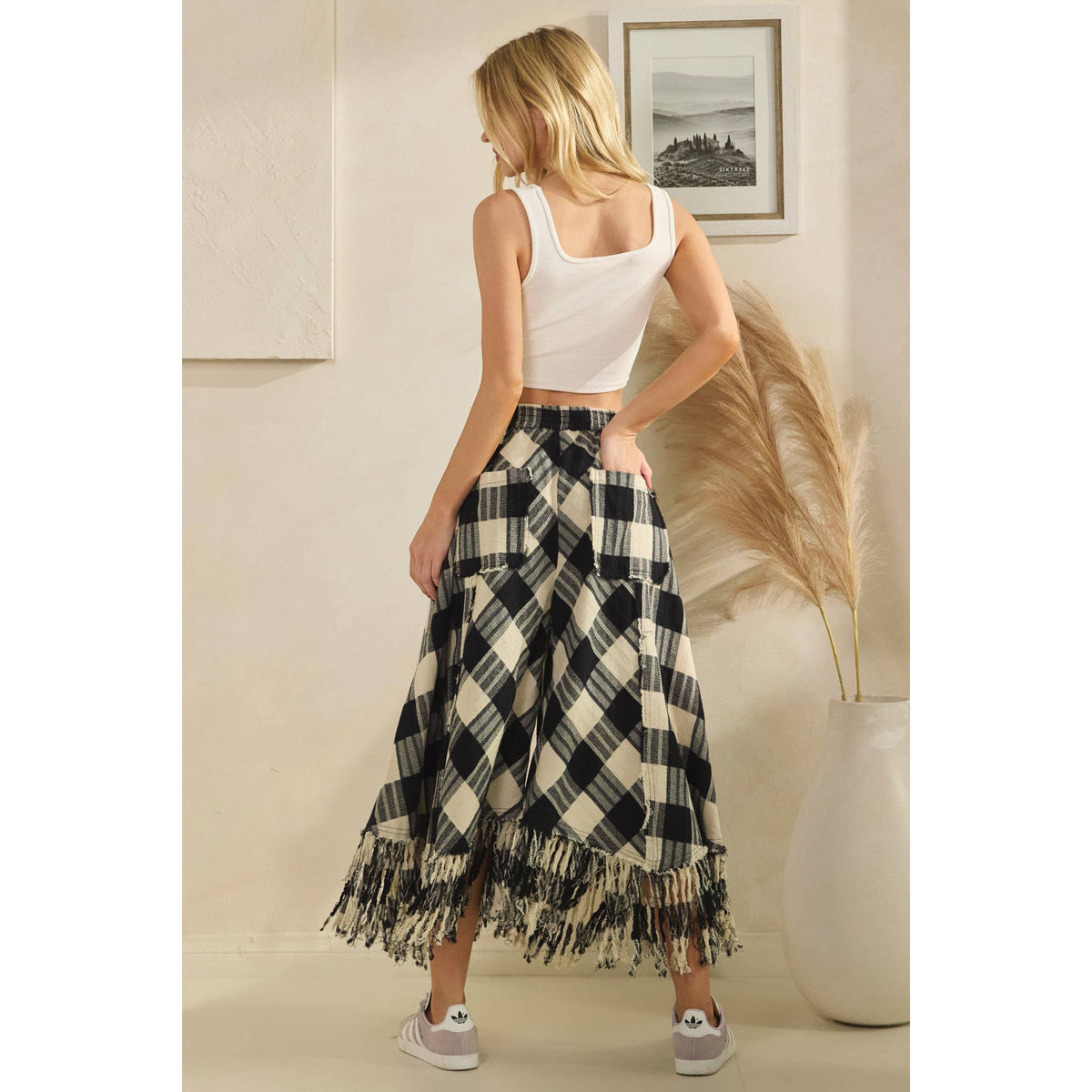 Oli&Hali - WASHED CHECKERED PANTS WITH FRAYED HEM