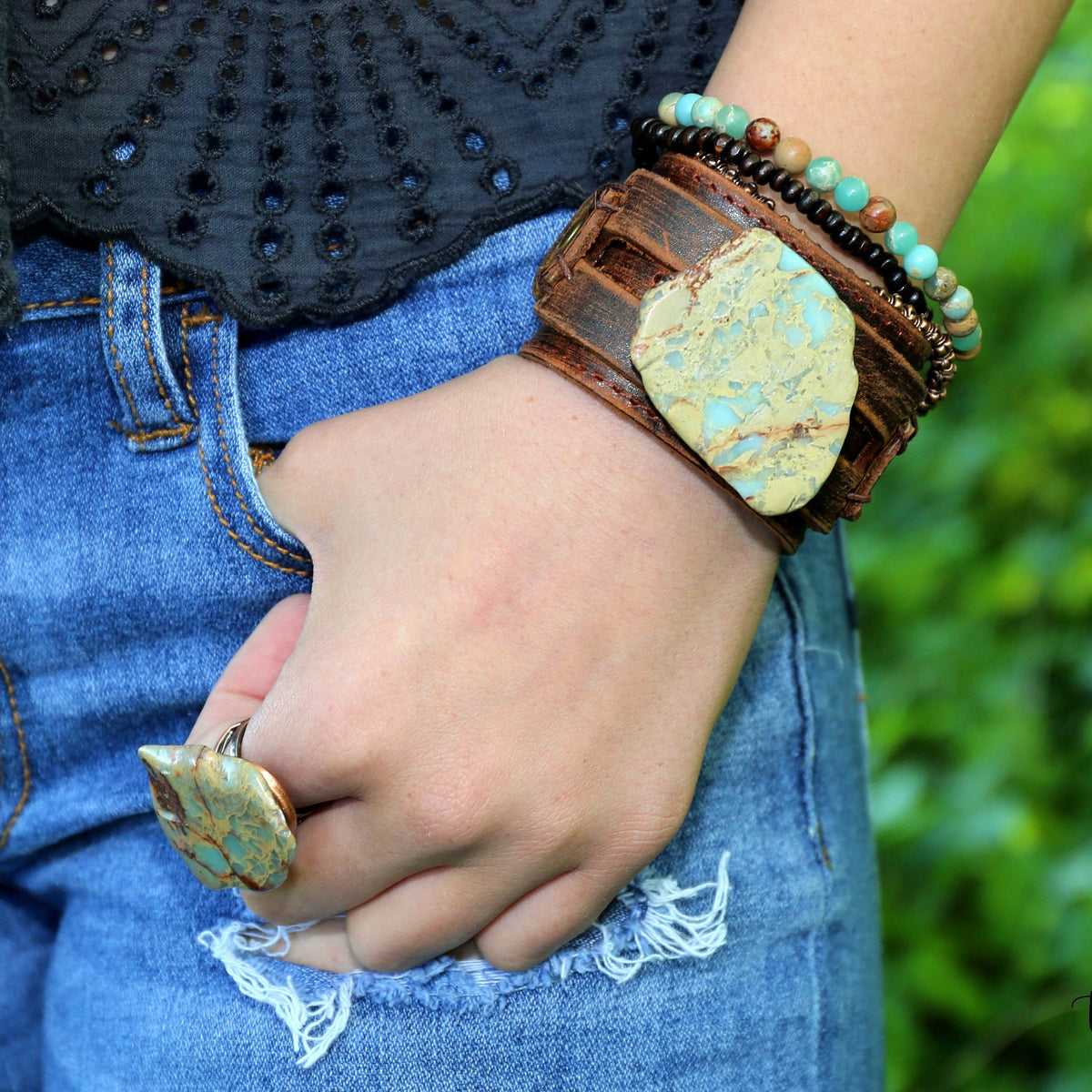 The Jewelry Junkie Amazonite Beaded Bracelet – Natural Gemstone Stretch Boho Bracelet | Boho Boutique Clothing