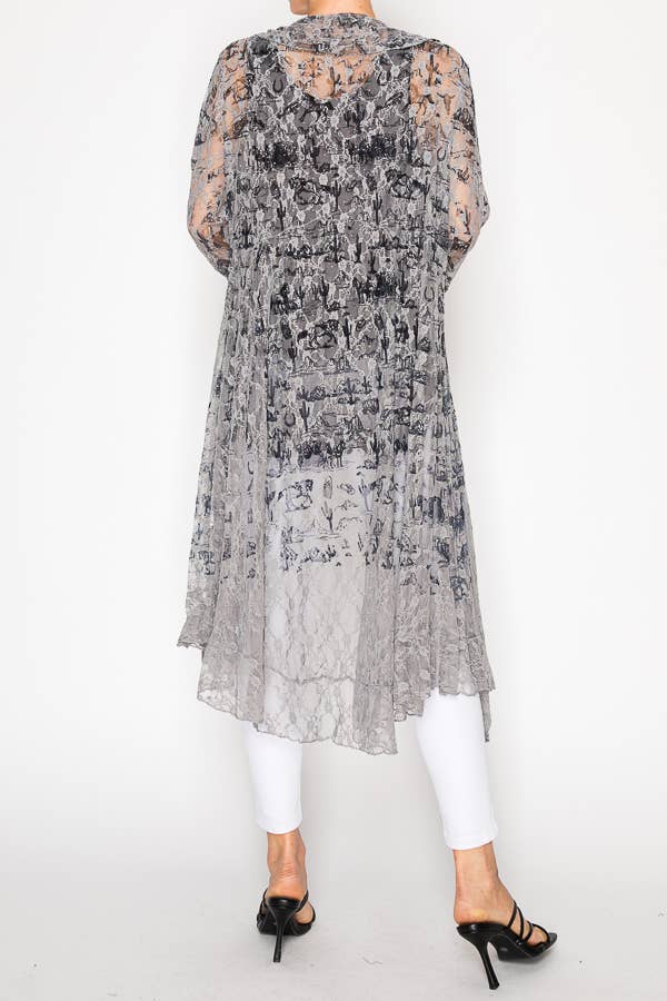 Origami Sheer Lace‑Pattern Duster – Silver with Sparkles Boho Layering Piece | Boho Boutique Clothing