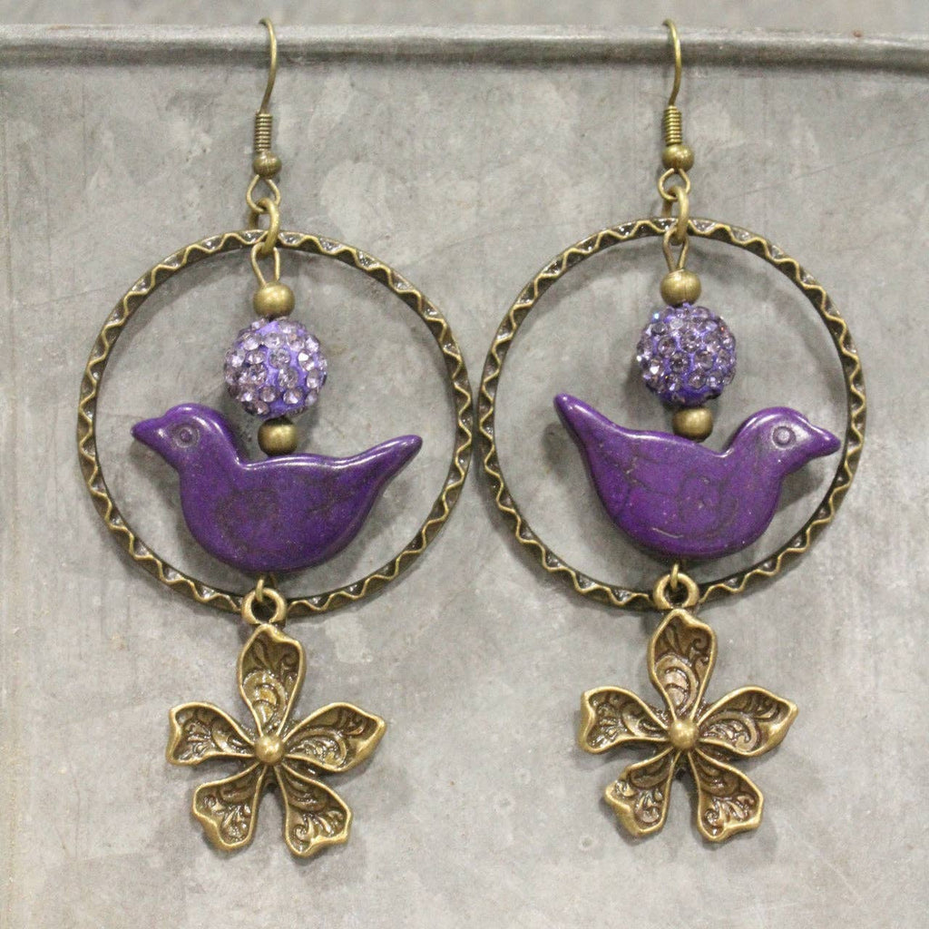 Bird Chirping Purple Dangle Earrings-Boho Boutique Earrings