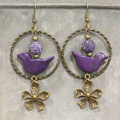 Bird Chirping Purple Dangle Earrings-Boho Boutique Earrings