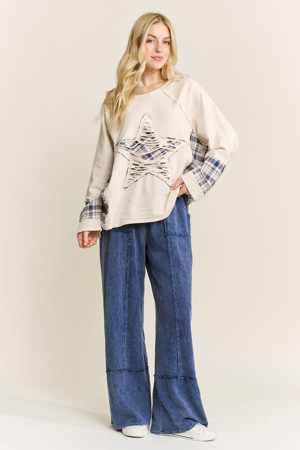 JHER Mineral‑Washed Distressed Star Patch Plaid Top