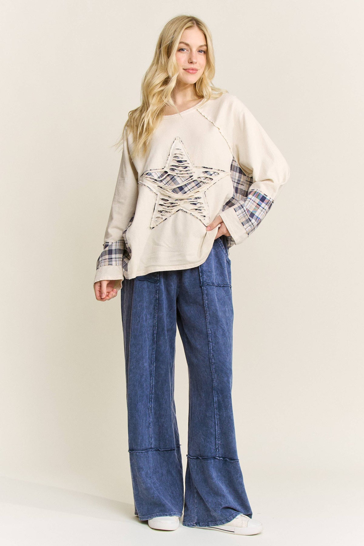 JHER Mineral‑Washed Distressed Star Patch Plaid Top