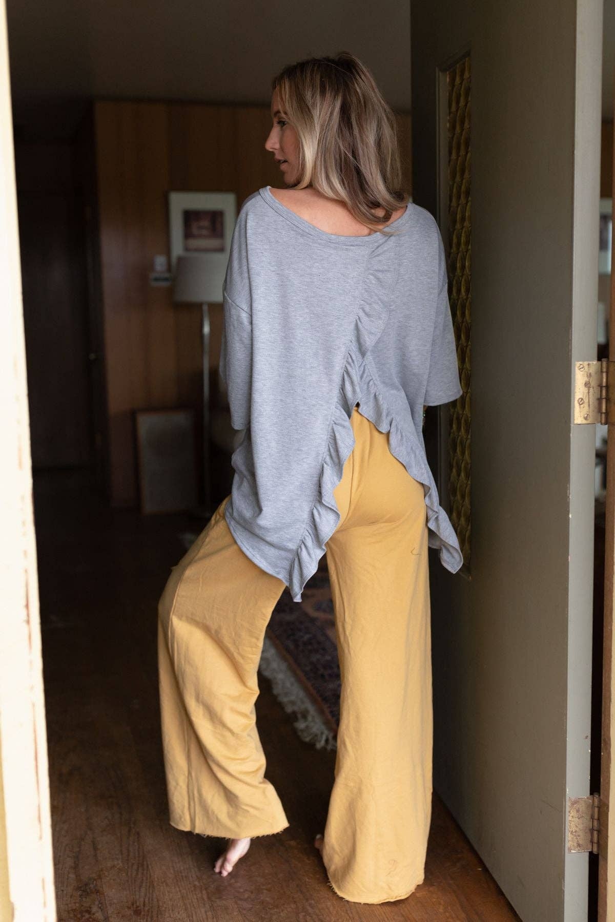 Three Bird Nest Scalloped Hem Open‑Back Top – Light Gray Boho Blouse | Boho Boutique Clothing