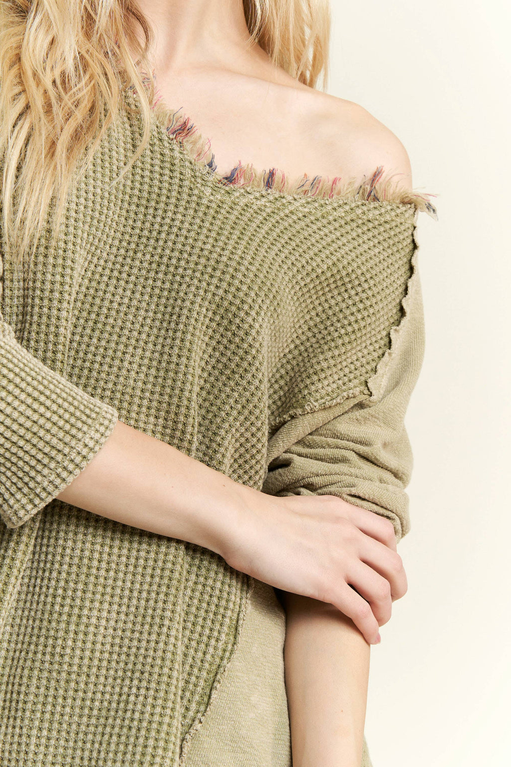 JHER Mineral‑Washed V‑Neck Sweater – Olive Textured Boho Distressed Top | Boho Boutique Clothing