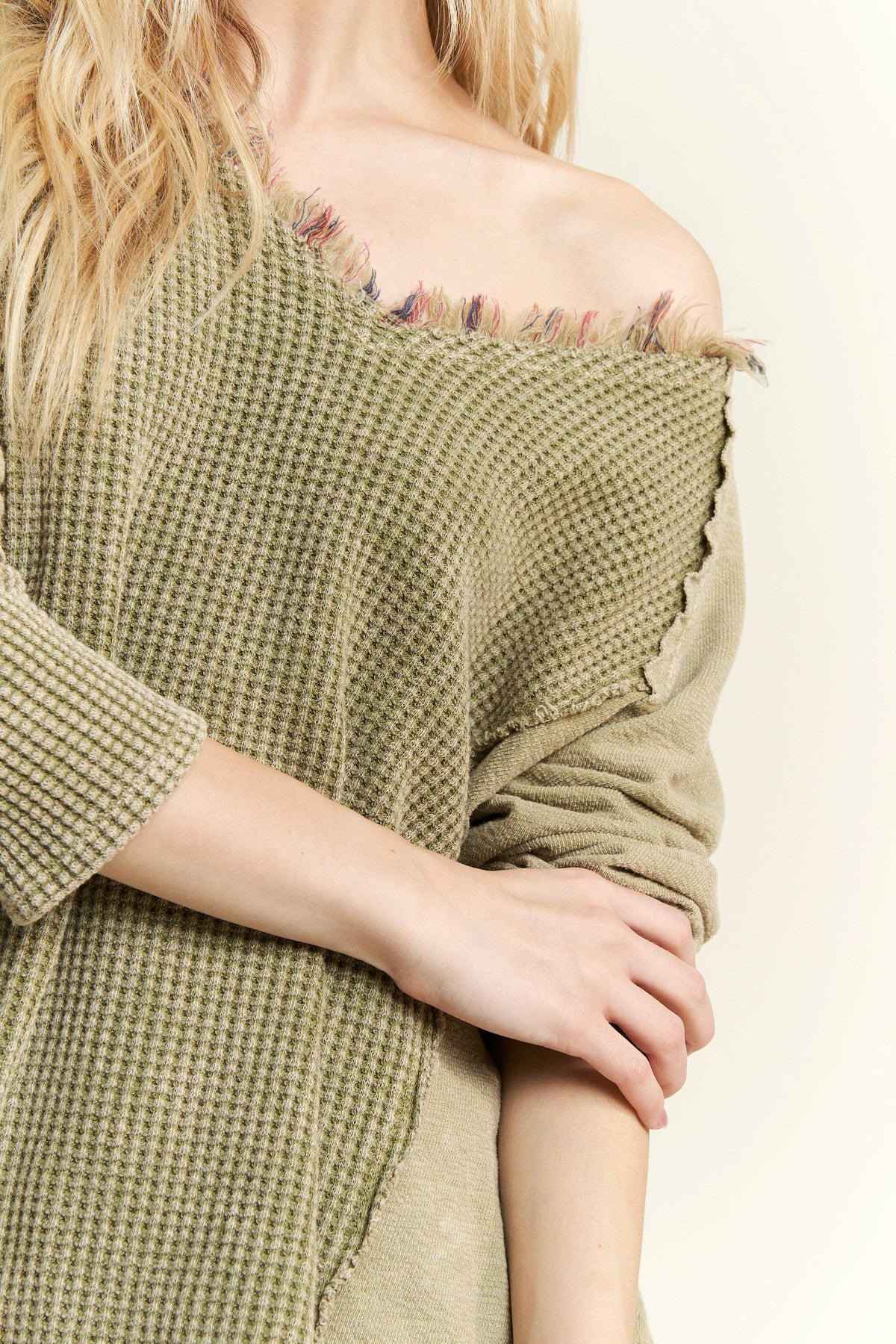 JHER Mineral‑Washed V‑Neck Sweater – Olive Textured Boho Distressed Top | Boho Boutique Clothing