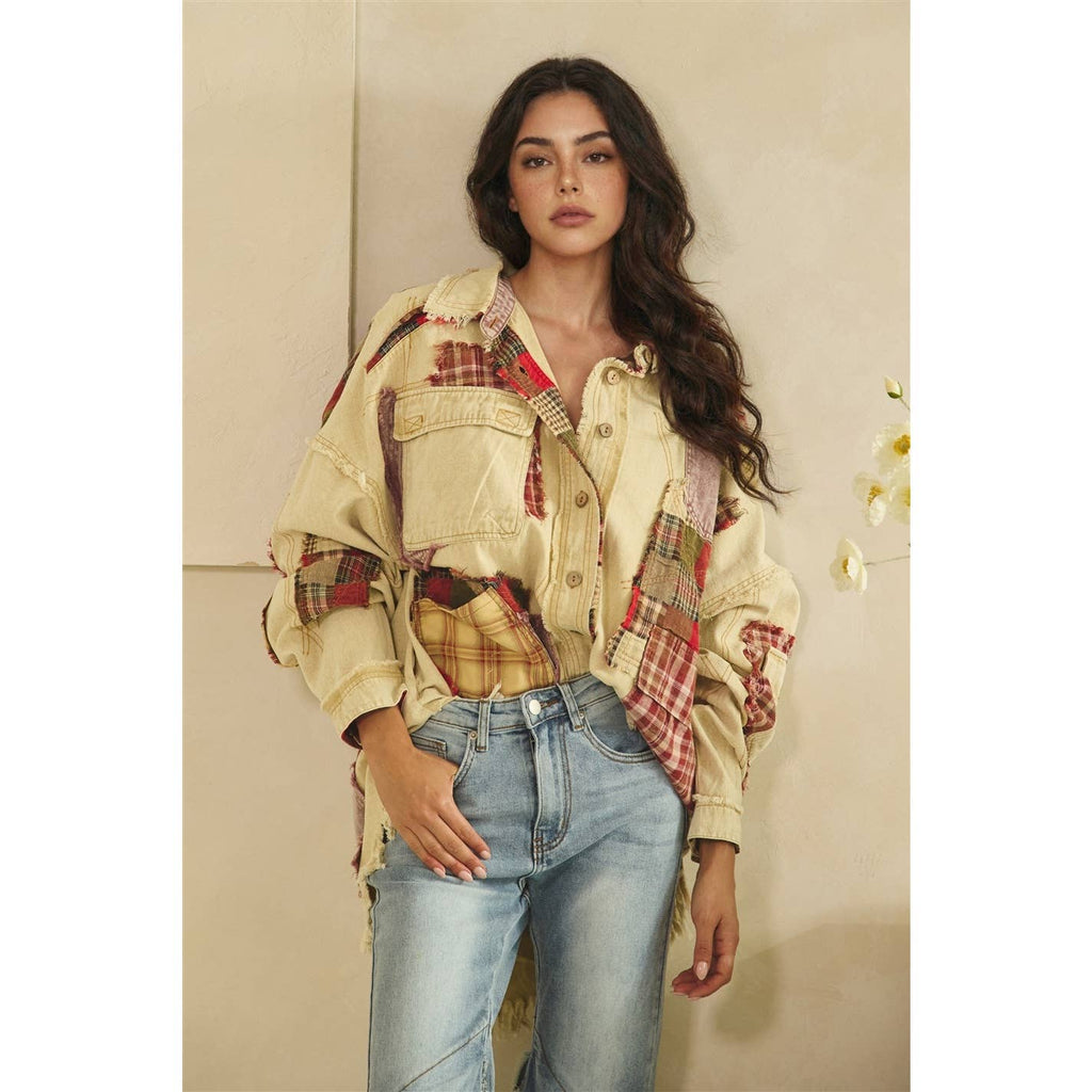 Oli & Hali Patchwork Button‑Up Shacket – Beige Rustic Boho Jacket | Boho Boutique Clothing