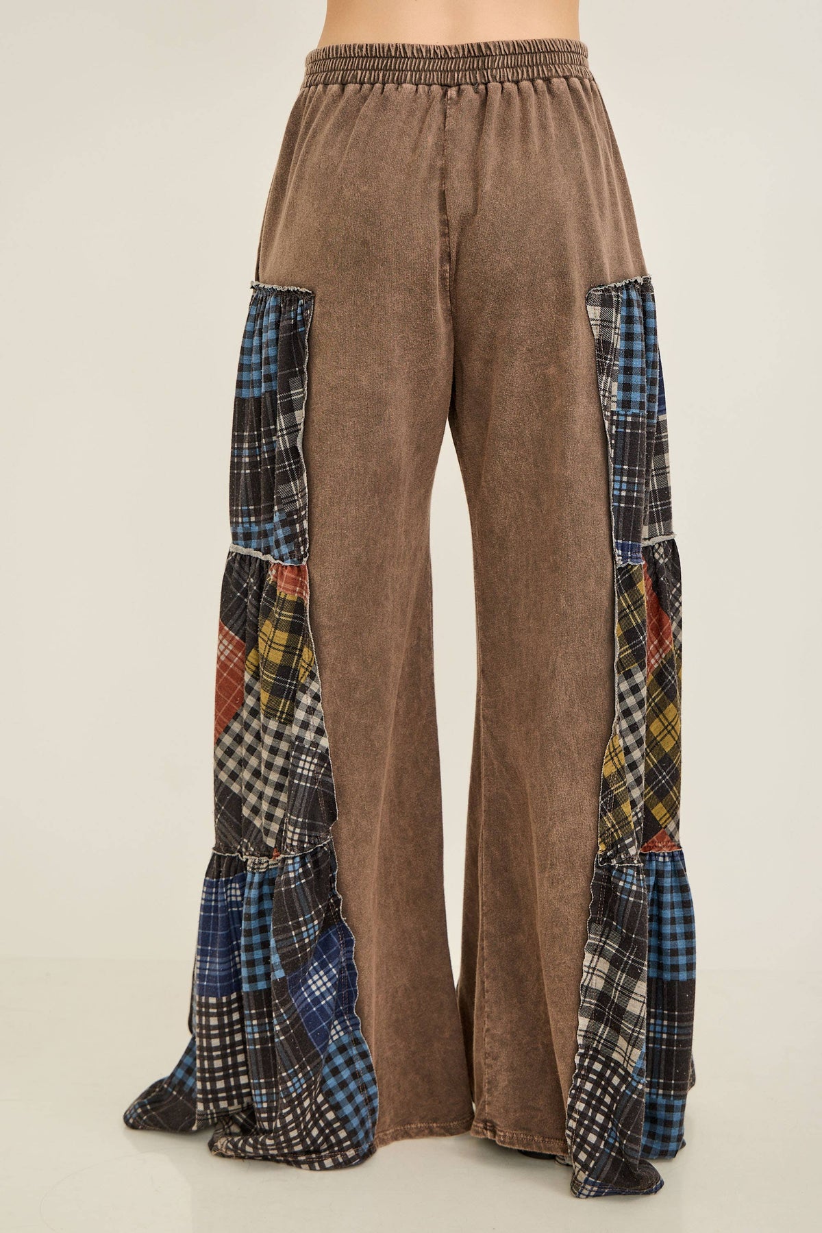 JHER Mineral‑Washed Tiered Plaid Wide Flare Pants