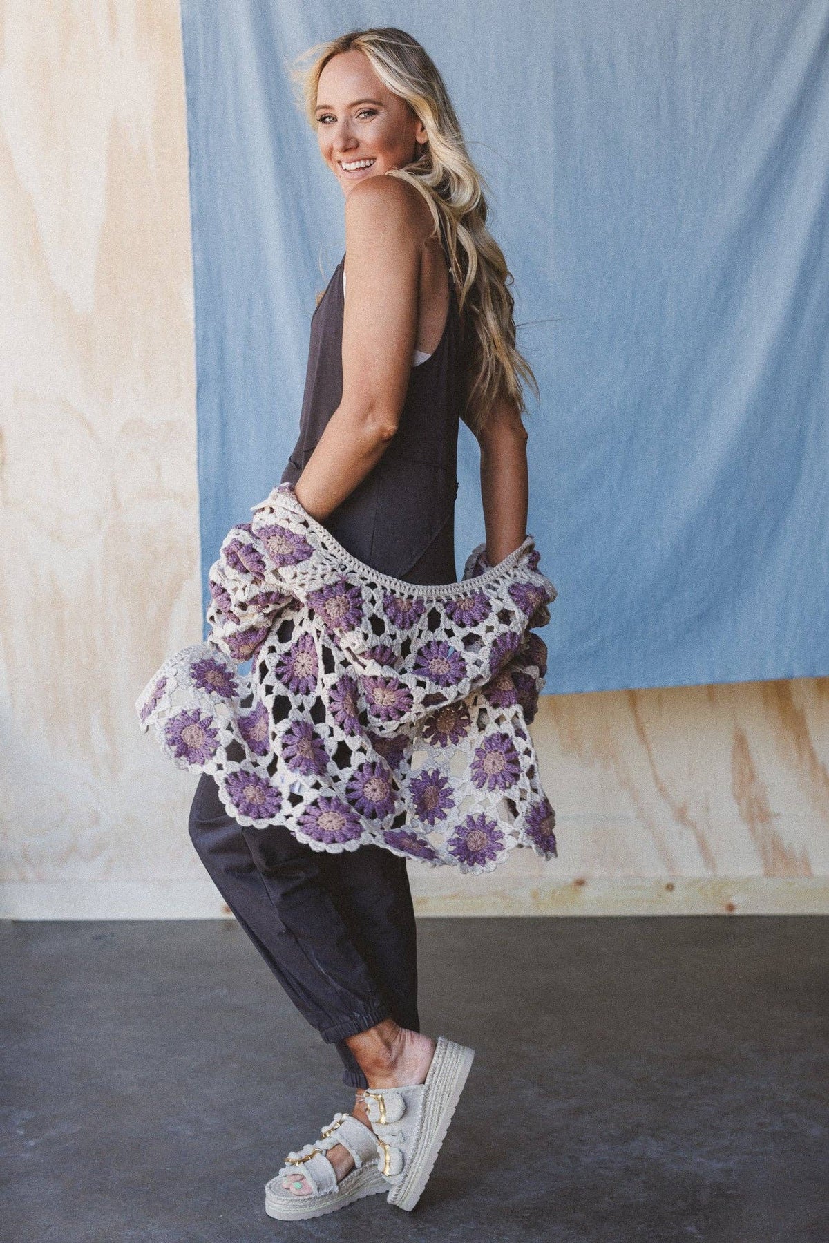 Three Bird Nest Floral Crochet Cardigan – Purple & Cream Artisan Boho Layering Piece | Boho Boutique Clothing
