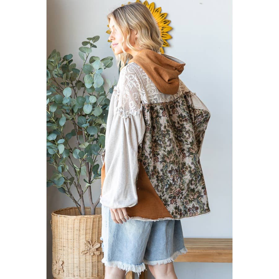 Oli & Hali Floral Patchwork Hooded Jacket – Beige Boho Button‑Up Shacket | Boho Boutique Clothing