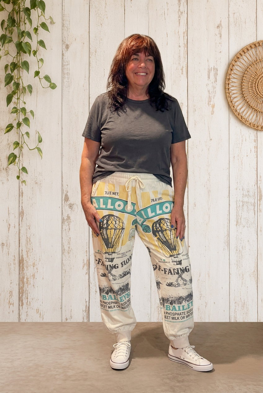 Cotton Jogger Pants – Cream Graphic Boho Statement Pants | Boho Boutique Clothing