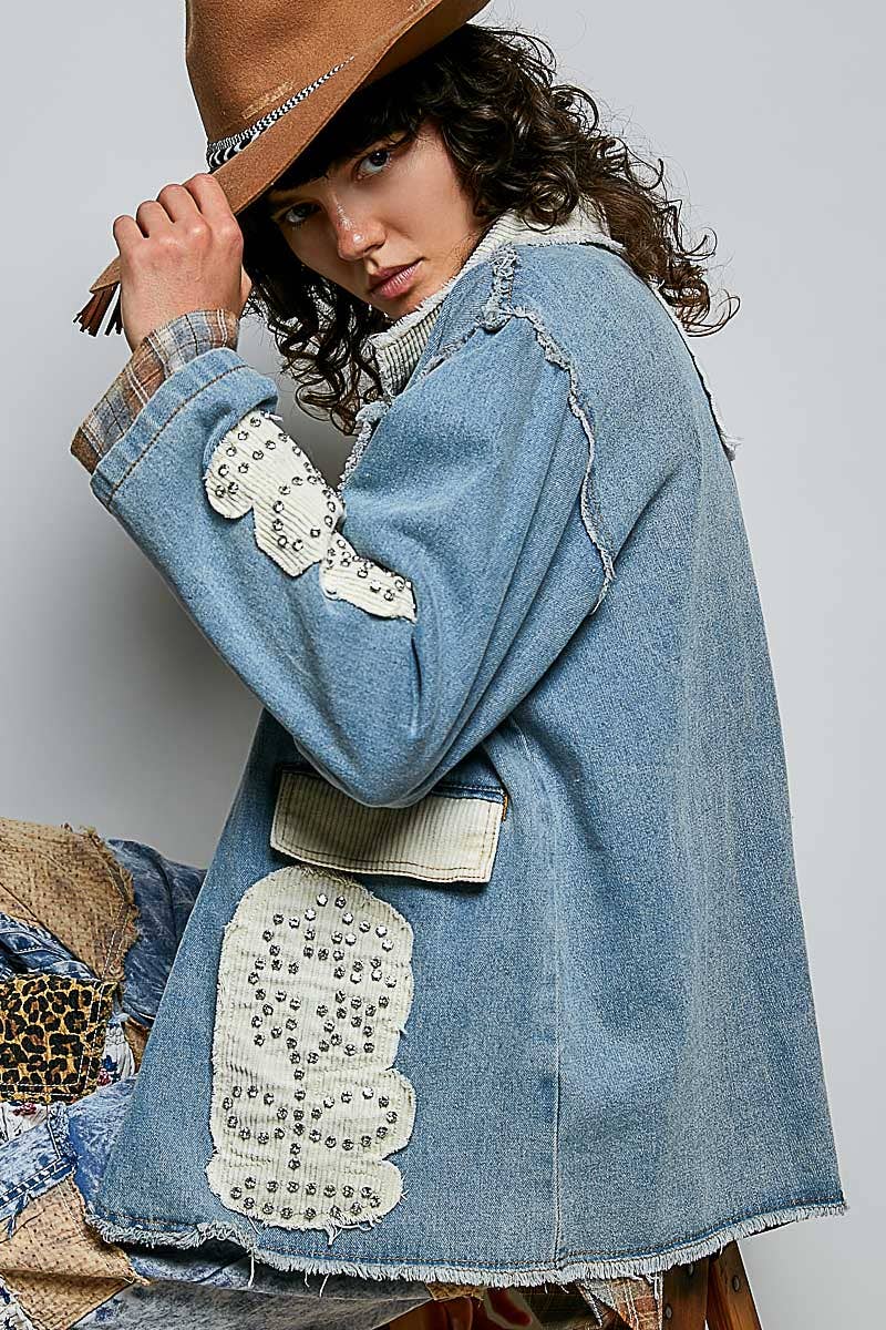 POL Corduroy Patch Vintage‑Washed Jam Stud Floral Jacket