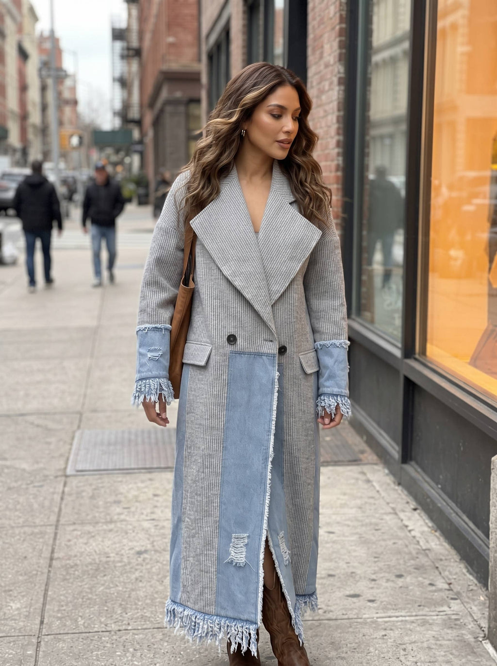 Athina Collection Denim‑Trim Coat – Gray Boho Longline Frayed Jacket | Boho Boutique Clothing