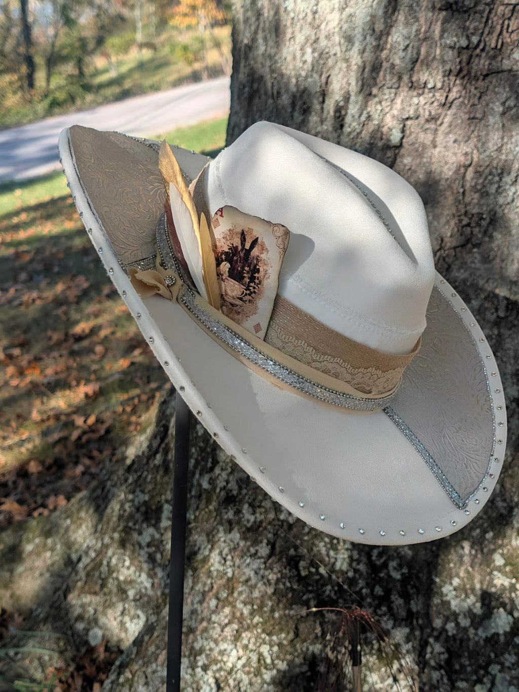 Custom Embellished Vegan Leather Rancher Hat – Ivory Alice in Wonderland Boho Western Statement Hat | Boho Boutique Clothing