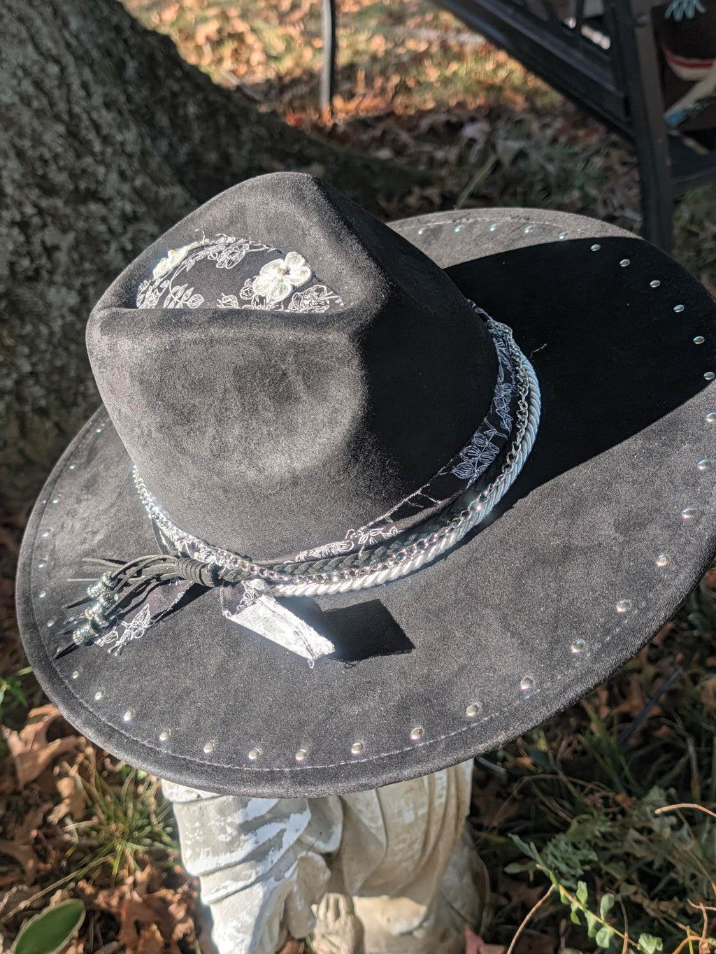 Custom Hand-Burned Vegan Leather Western Hat – Black Floral Boho Statement Hat | Boho Boutique Clothing