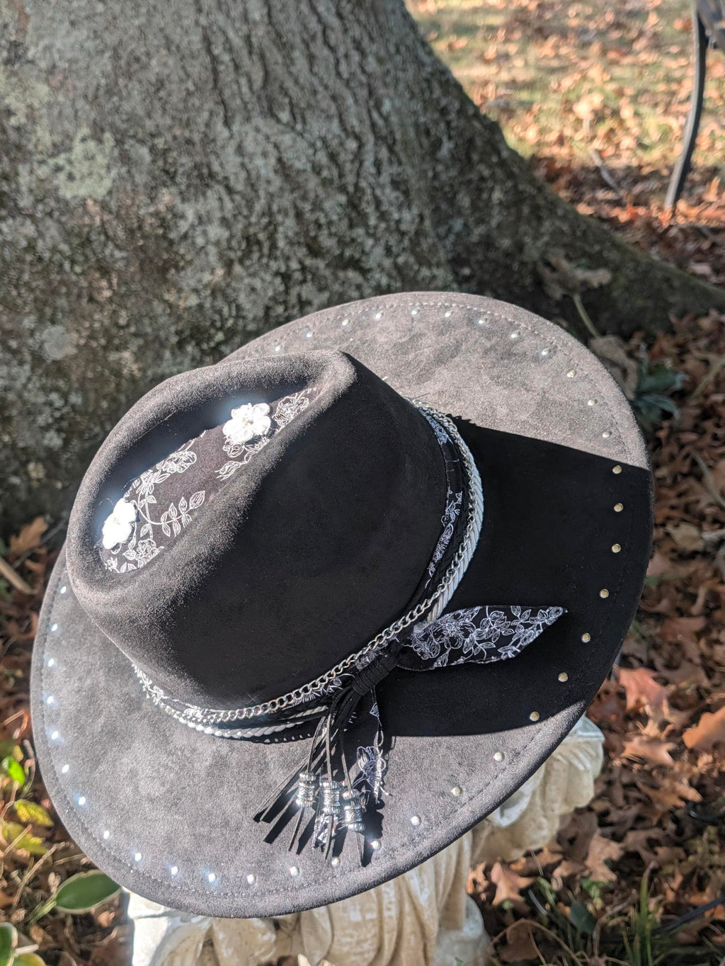 Custom Hand-Burned Vegan Leather Western Hat – Black Floral Boho Statement Hat | Boho Boutique Clothing