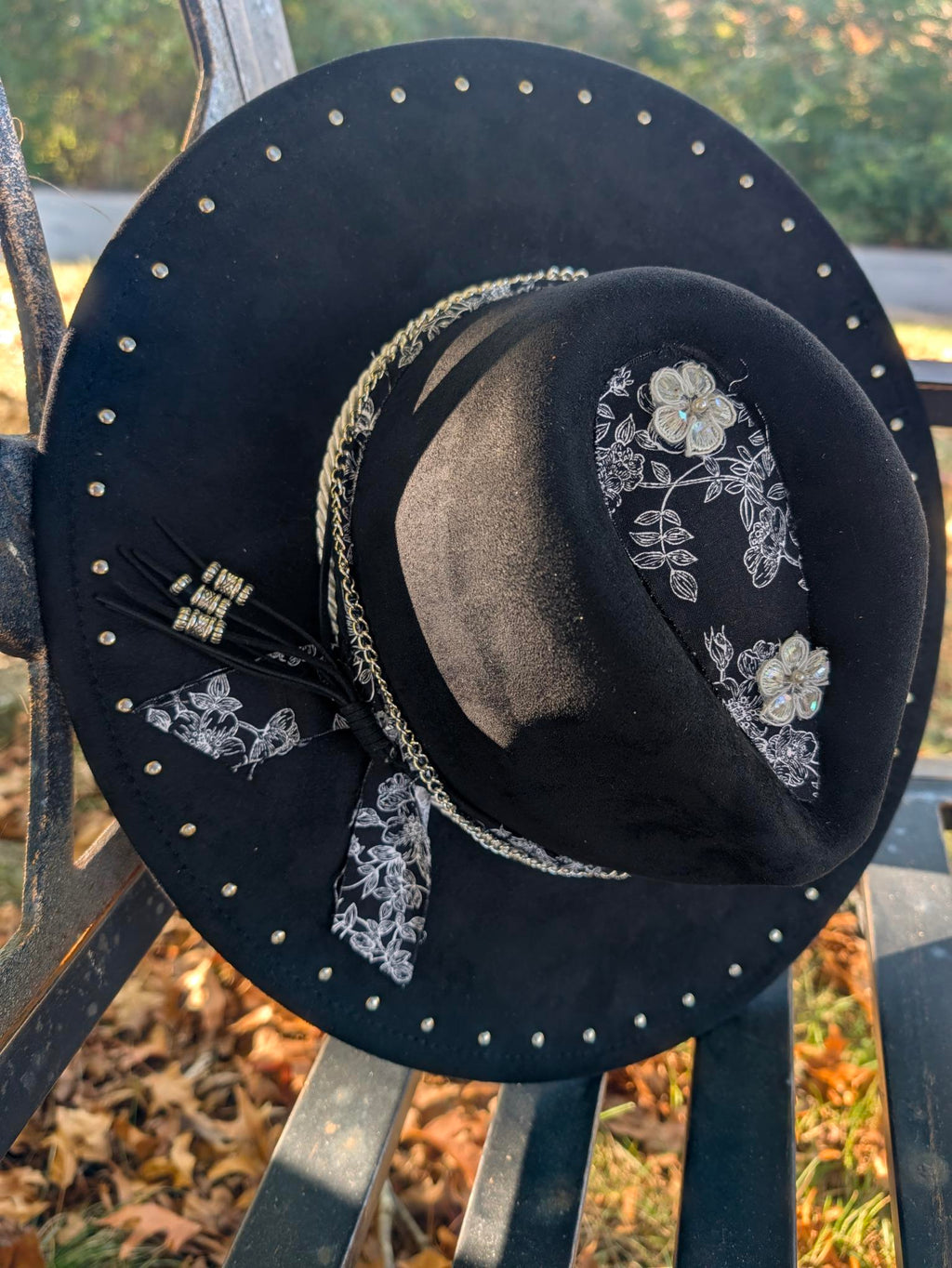 Custom Hand-Burned Vegan Leather Western Hat – Black Floral Boho Statement Hat | Boho Boutique Clothing